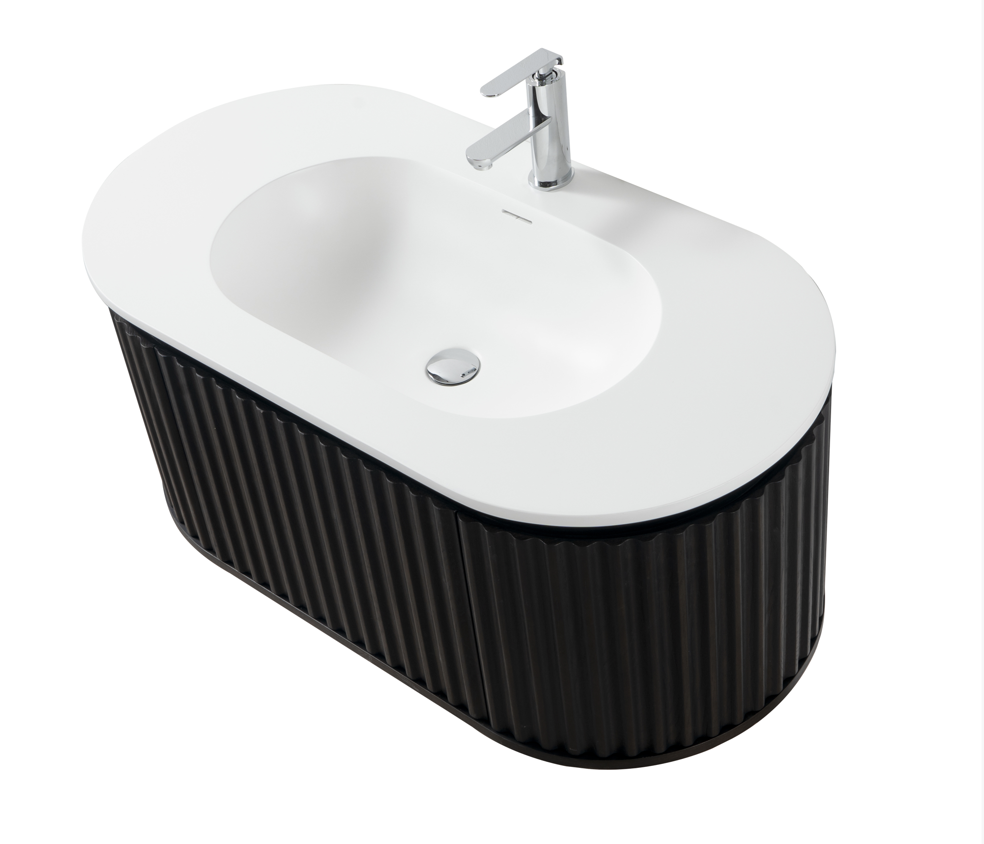 New style round met lade in zwart eik ( ook in naturel eik ) 100X42X52,5 inclusief wastafel in kunst marmer aquaround