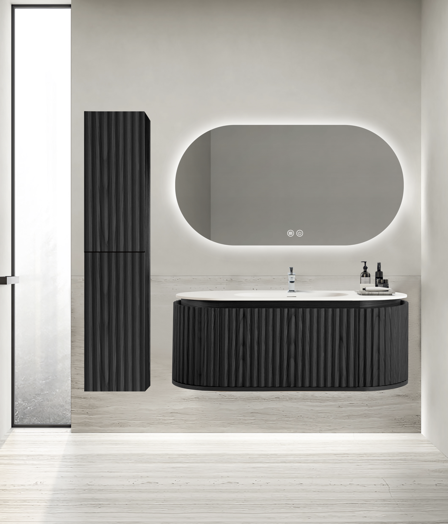 New style round met lade in zwart eik ( ook in naturel eik ) 100X42X52,5 inclusief wastafel in kunst marmer aquaround - Afbeelding 6